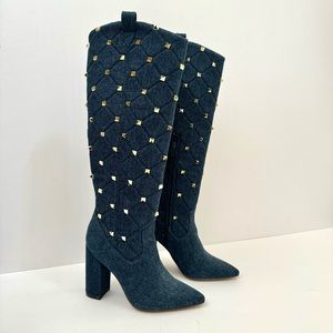 NEW Denim Gold-Studded Western Heeled Boots Women’s size 6.5
